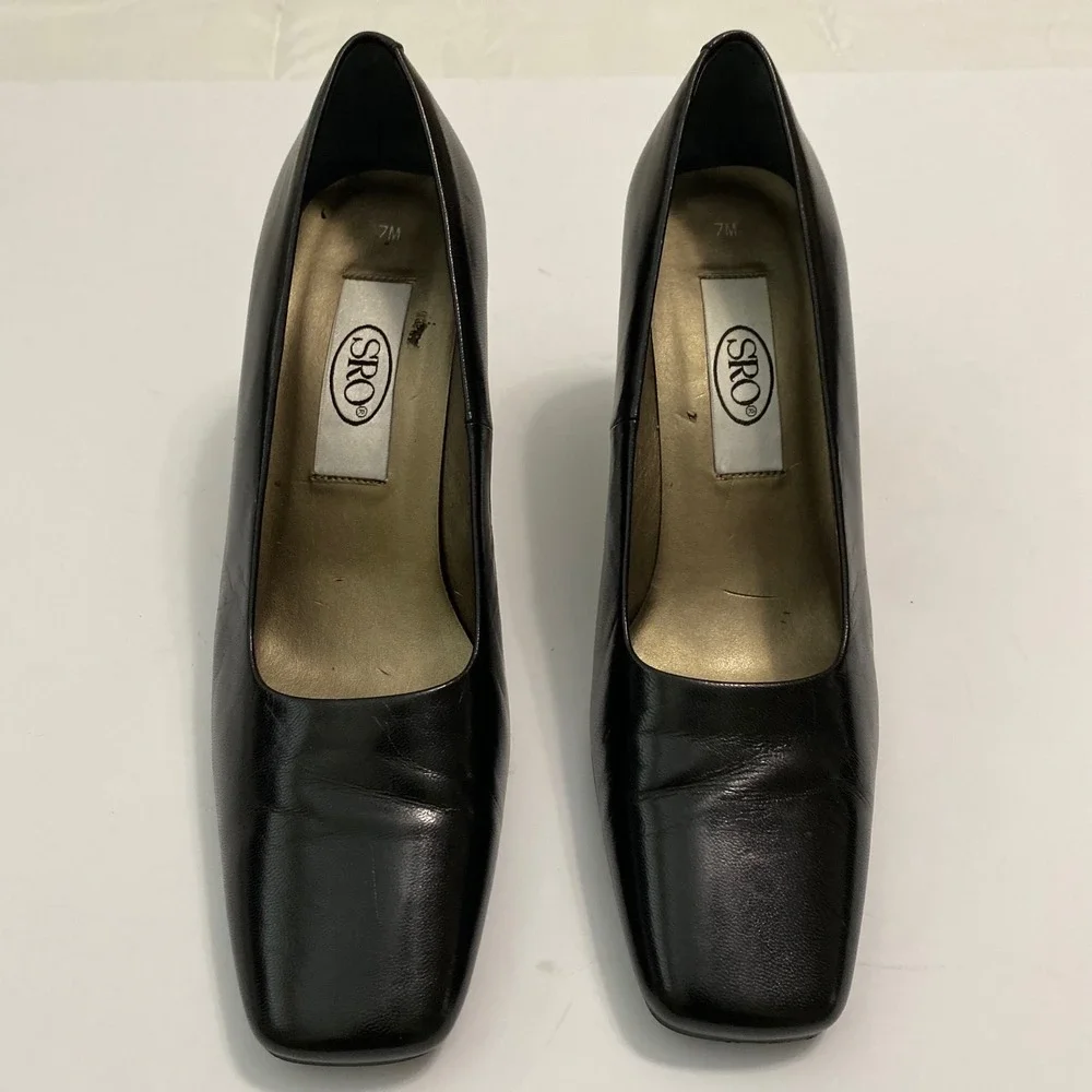 SRO Block Heel Pumps Womens 7 Black 90s Vintage Square Toe Corporate  Shoes